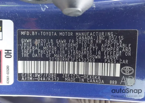 2015 Toyota Corolla S Plus from USA, damaged, VIN 2T1BURHE3FC432369